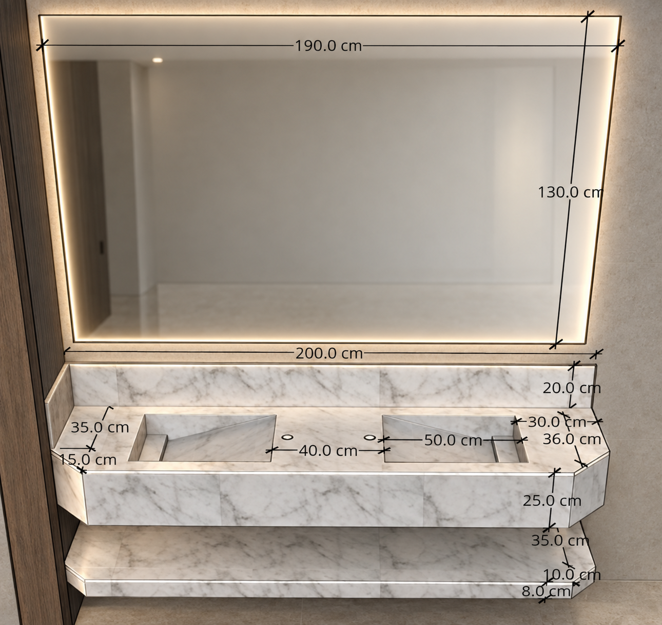 واجهة وحدة جدارية للمغسلة والمرآة مع الأبعاد